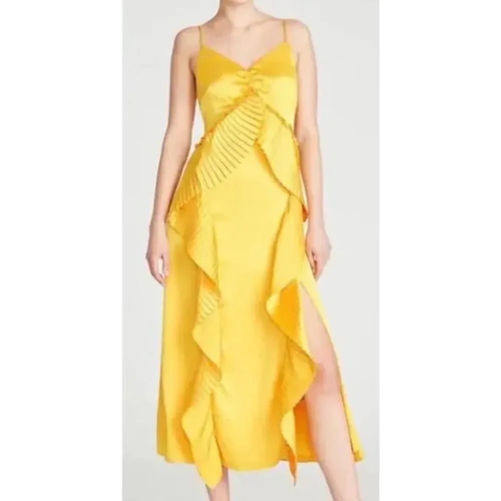 NWT AMUR Leena Pleated Ruffe Satin Maxi Slip Dress in Tuscany Yellow Sz. 12